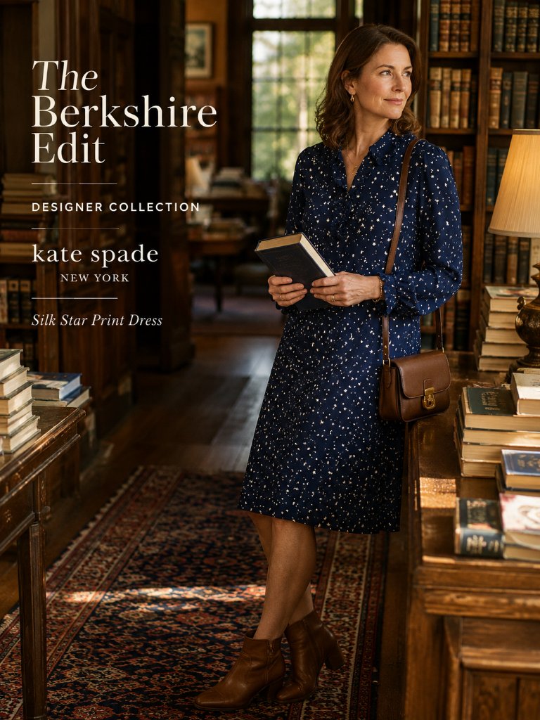 Kate Spade 100% Silk Star Print Ruffle Neck Dress M Navy Look For The Silver